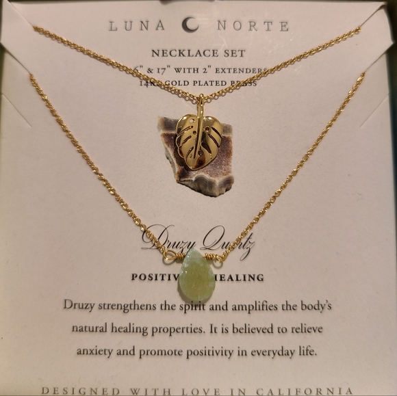 2 PC LUNA NORTE DRUSY QUARTZ GEMSTONE & GOLD PLATED LEAF CHARM NECKLACES - Picture 5 of 5